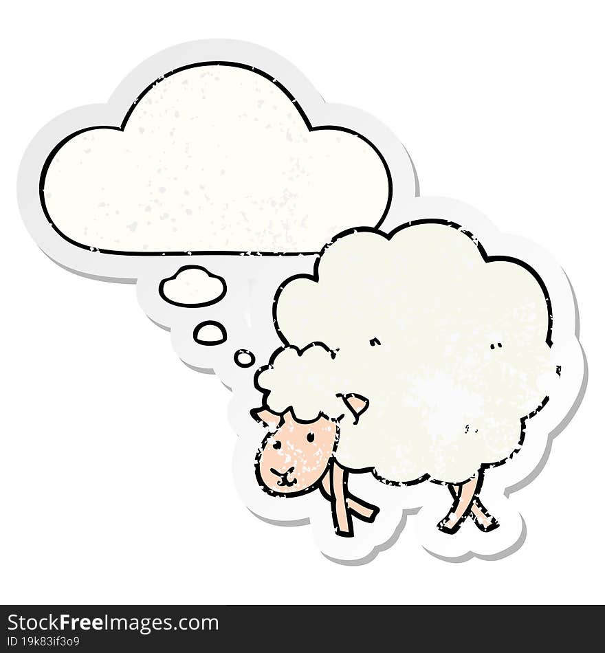 cartoon sheep and thought bubble as a distressed worn sticker