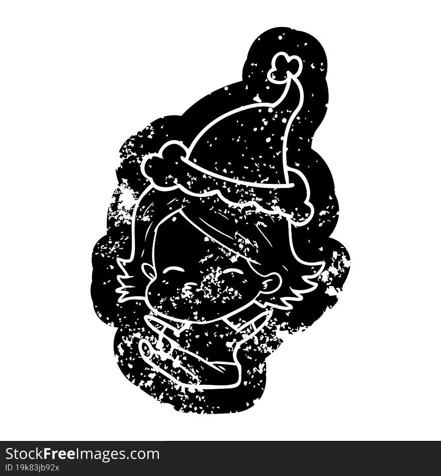 Cartoon Distressed Icon Of A Woman Sitting Wearing Santa Hat