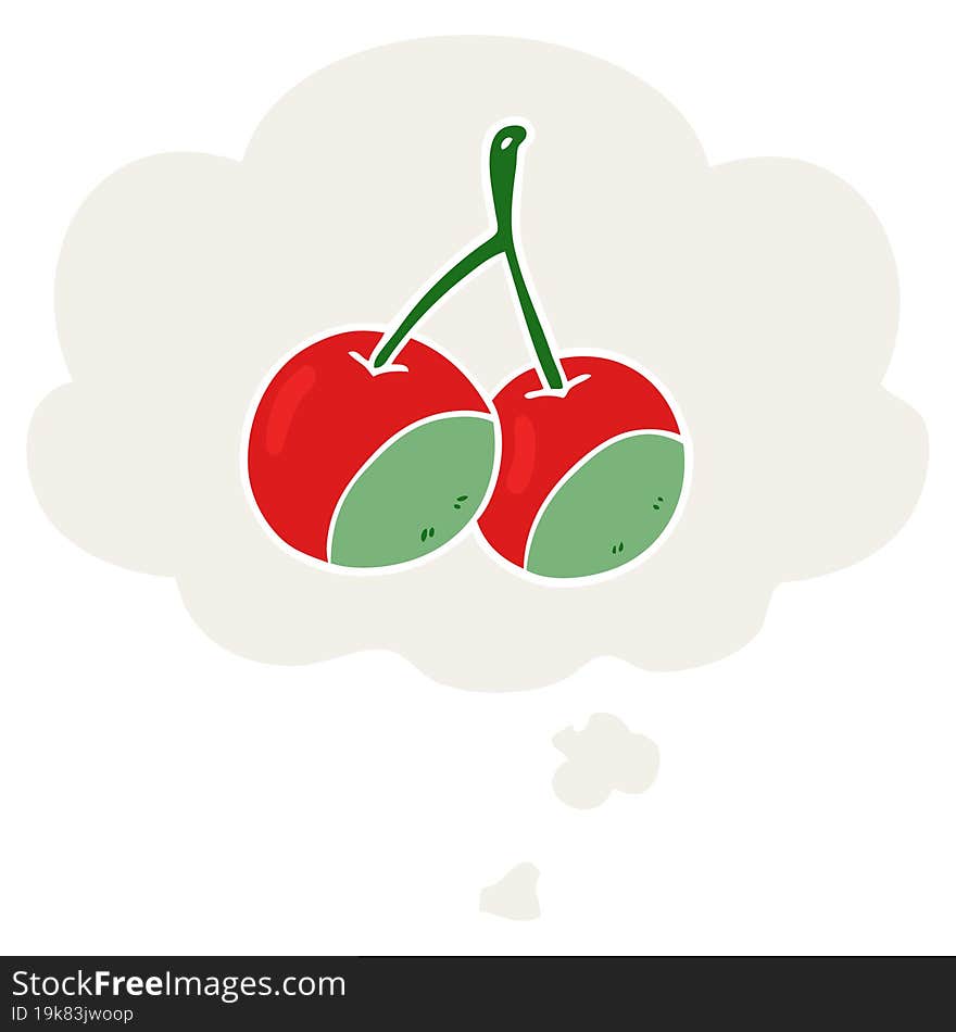 Cartoon Cherries And Thought Bubble In Retro Style