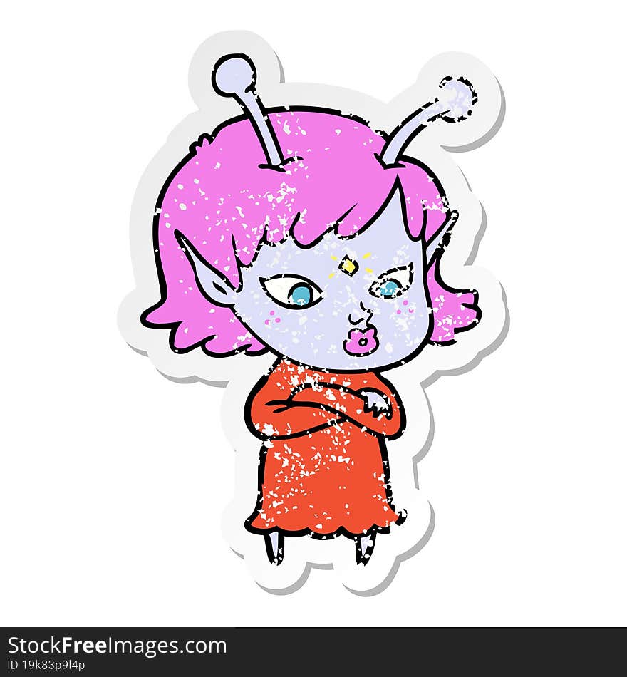 distressed sticker of a pretty cartoon alien girl