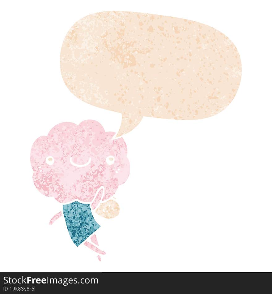 cute cloud head creature and speech bubble in retro textured style