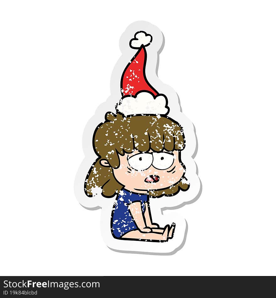 Distressed Sticker Cartoon Of A Tired Woman Wearing Santa Hat