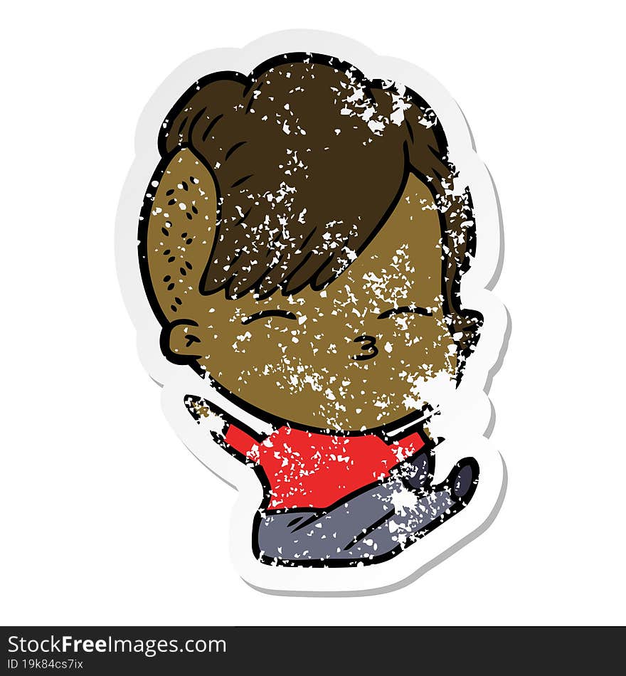 distressed sticker of a cartoon squinting girl