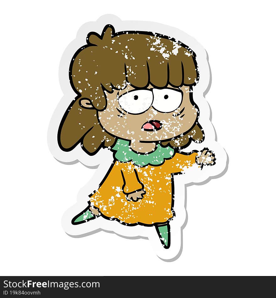 distressed sticker of a cartoon tired woman