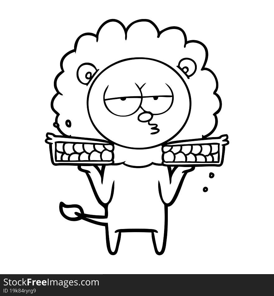 cartoon bored lion with pies. cartoon bored lion with pies