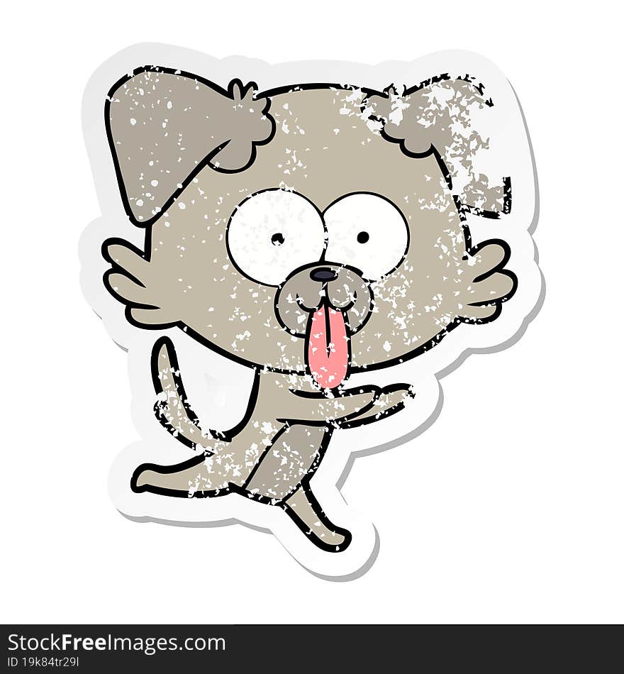 distressed sticker of a cartoon running dog with tongue sticking out