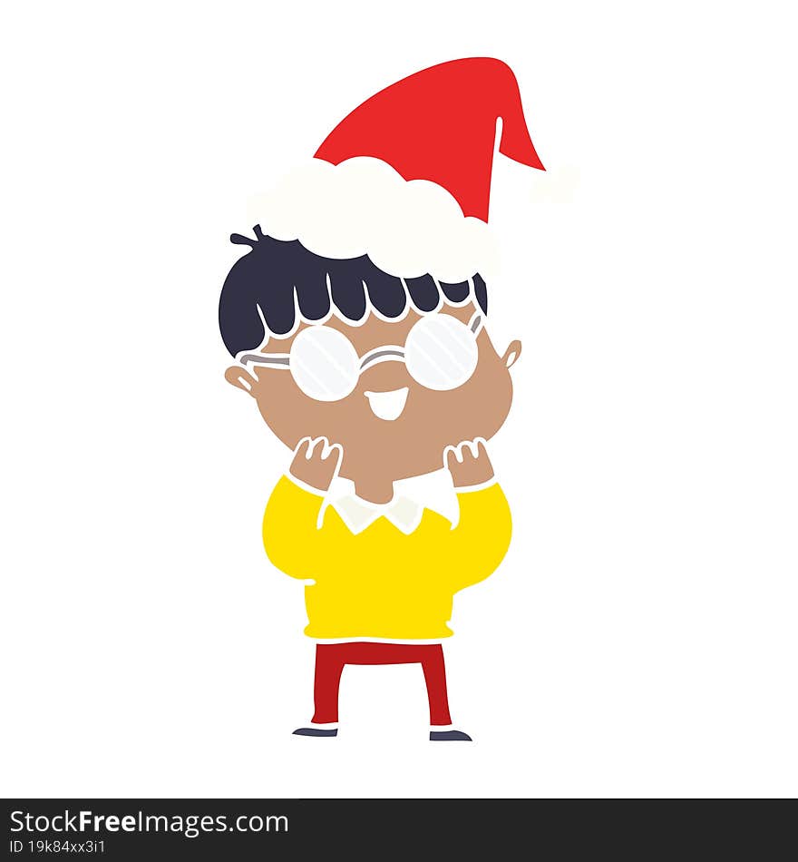 Flat Color Illustration Of A Boy Wearing Spectacles Wearing Santa Hat