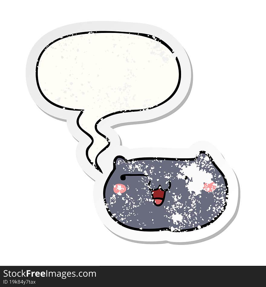 cartoon cat face and speech bubble distressed sticker