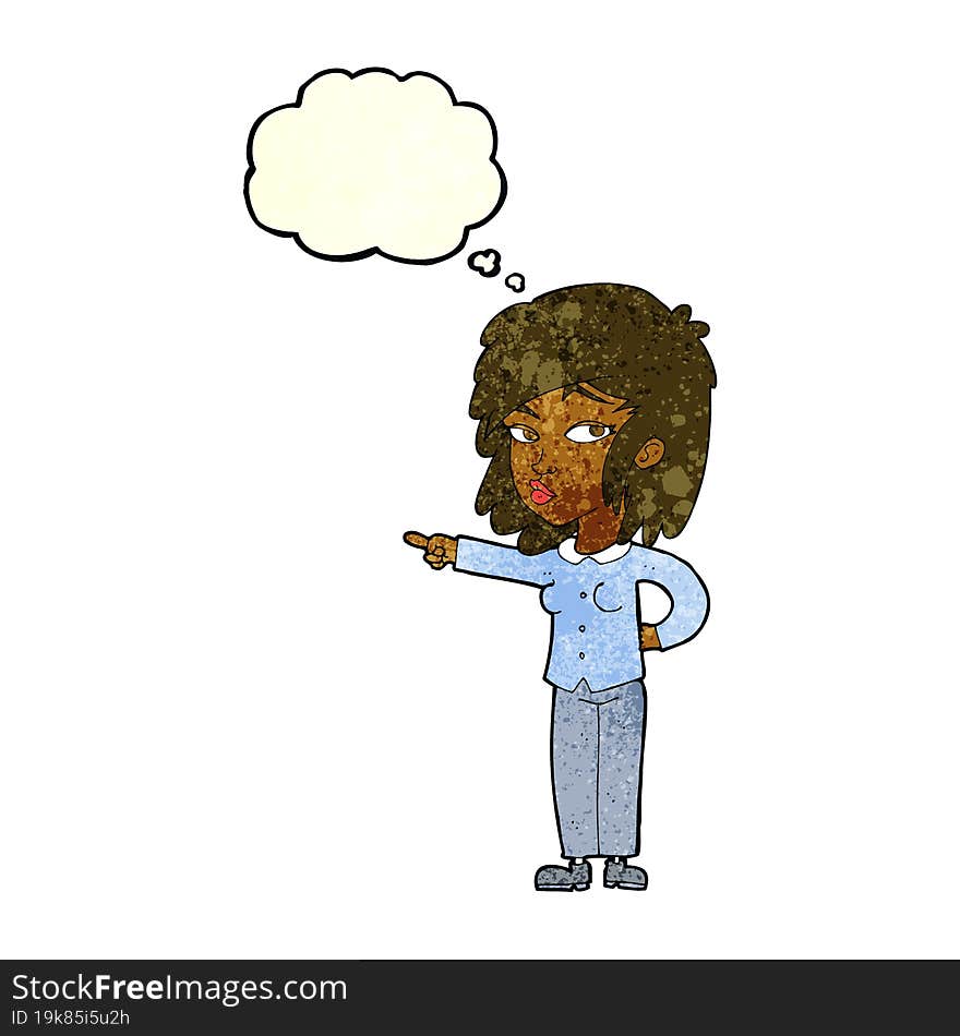 cartoon woman pointing with thought bubble