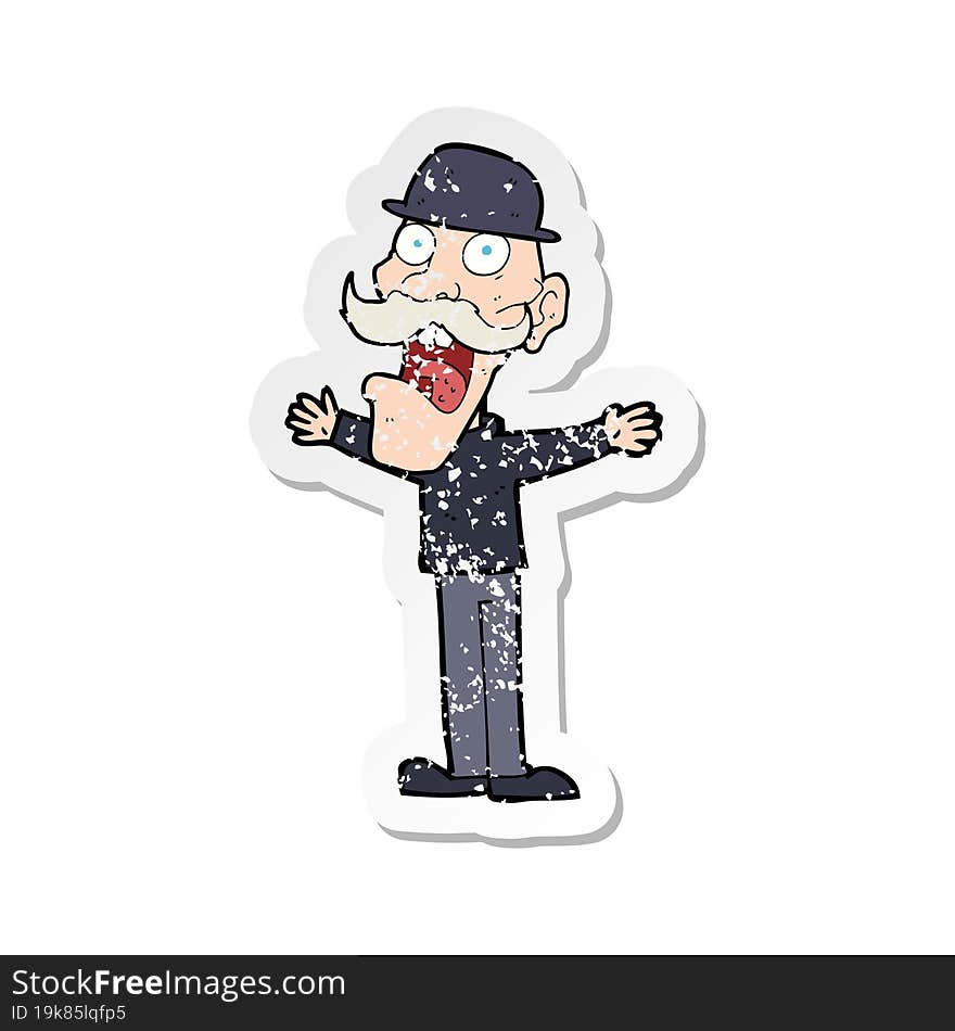 retro distressed sticker of a cartoon man wearing bowler hat