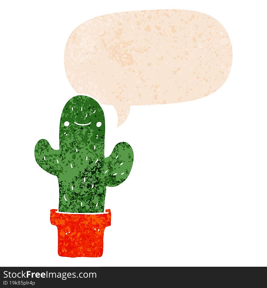 cartoon cactus and speech bubble in retro textured style