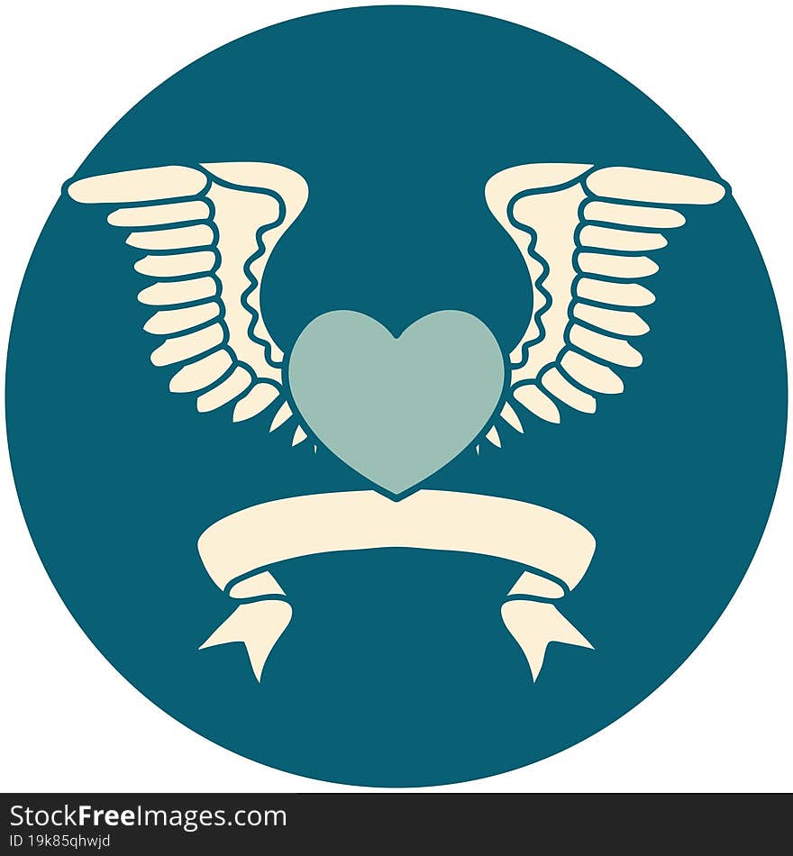 tattoo style icon with banner of a heart with wings