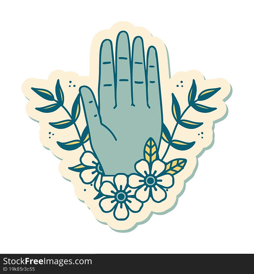 sticker of tattoo in traditional style of a hand and flower. sticker of tattoo in traditional style of a hand and flower