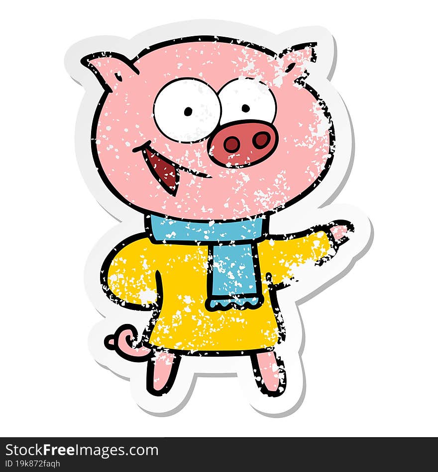 distressed sticker of a cheerful pig wearing winter clothes cartoon