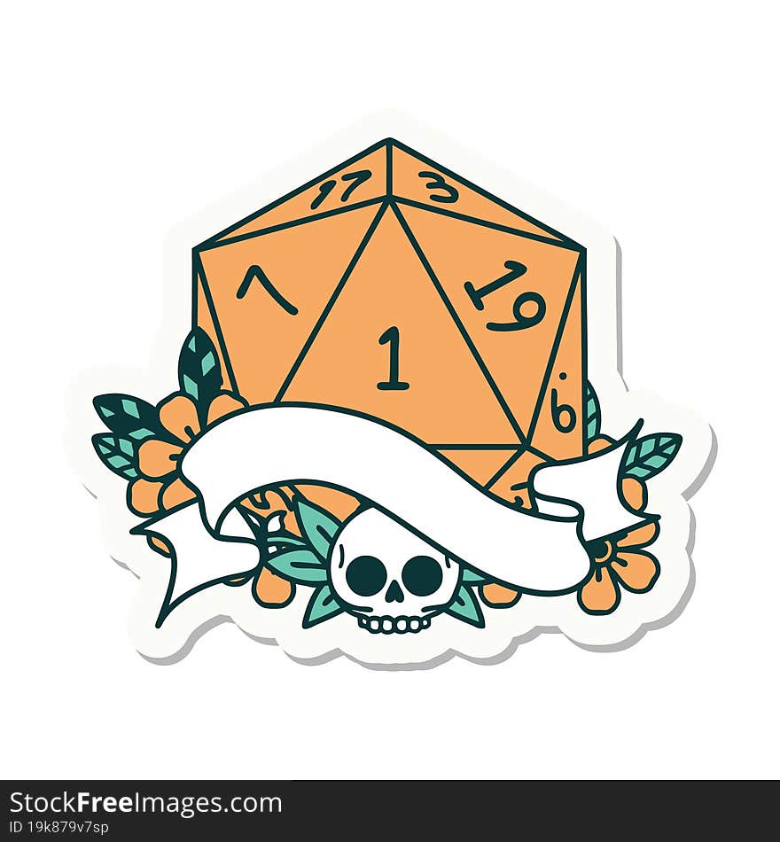 sticker of a natural one d20 dice roll. sticker of a natural one d20 dice roll