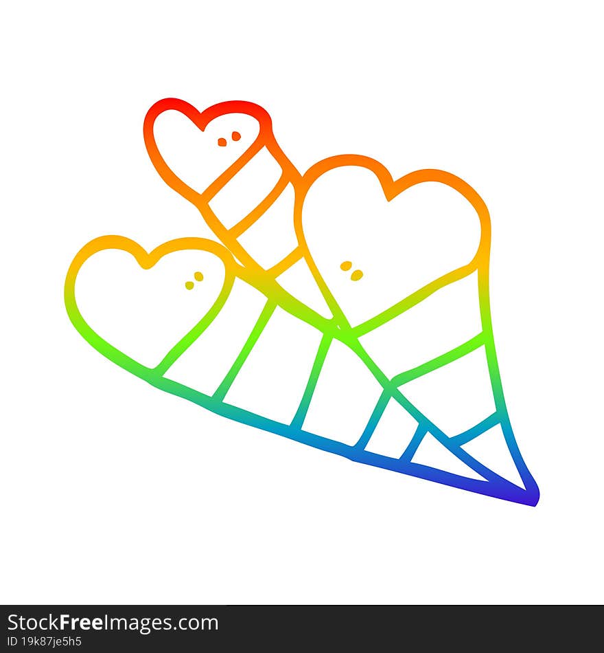 rainbow gradient line drawing of a cartoon love hearts