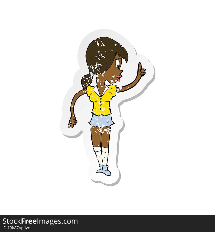 retro distressed sticker of a cartoon girl with idea