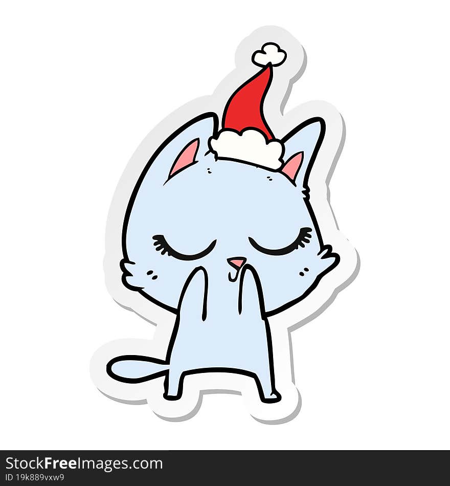 calm hand drawn sticker cartoon of a cat wearing santa hat. calm hand drawn sticker cartoon of a cat wearing santa hat