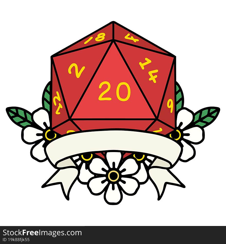 Retro Tattoo Style natural 20 critical hit D20 dice roll. Retro Tattoo Style natural 20 critical hit D20 dice roll