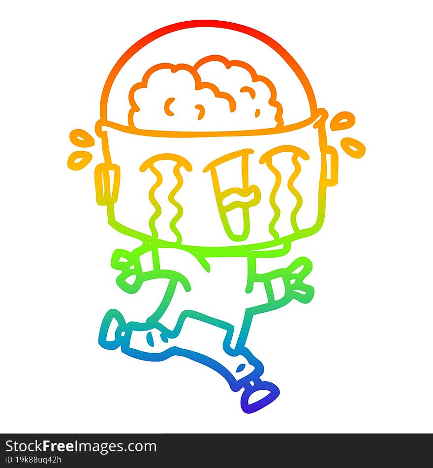 rainbow gradient line drawing of a cartoon crying robot running