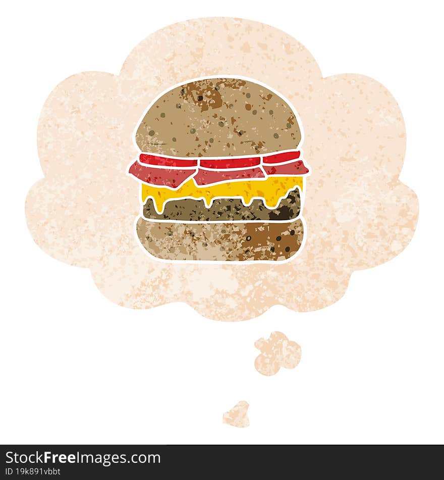 cartoon burger and thought bubble in retro textured style