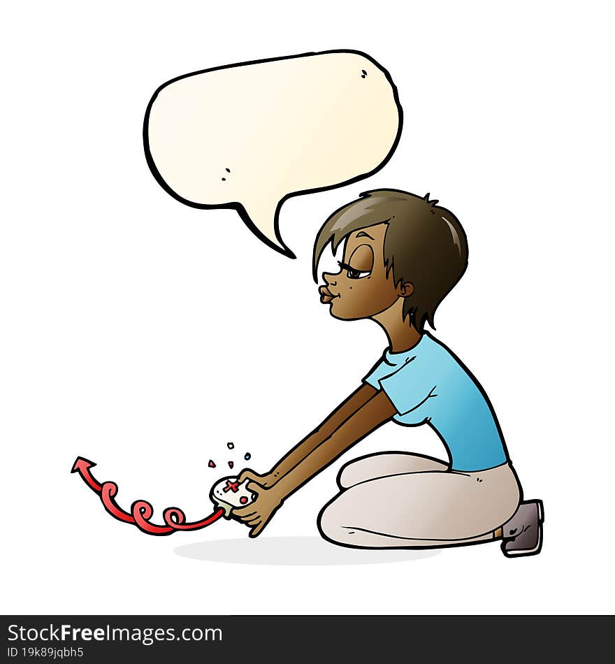 Cartoon Girl Playing Computer Games With Speech Bubble