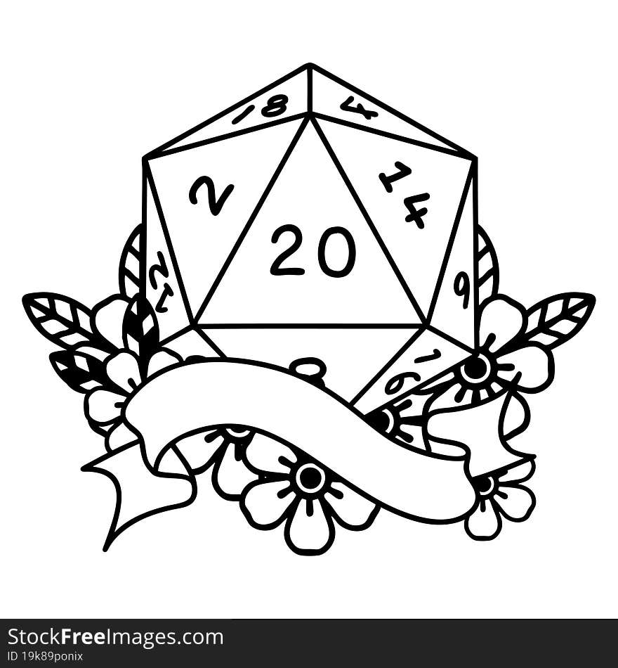 Black and White Tattoo linework Style natural twenty D20 dice roll. Black and White Tattoo linework Style natural twenty D20 dice roll