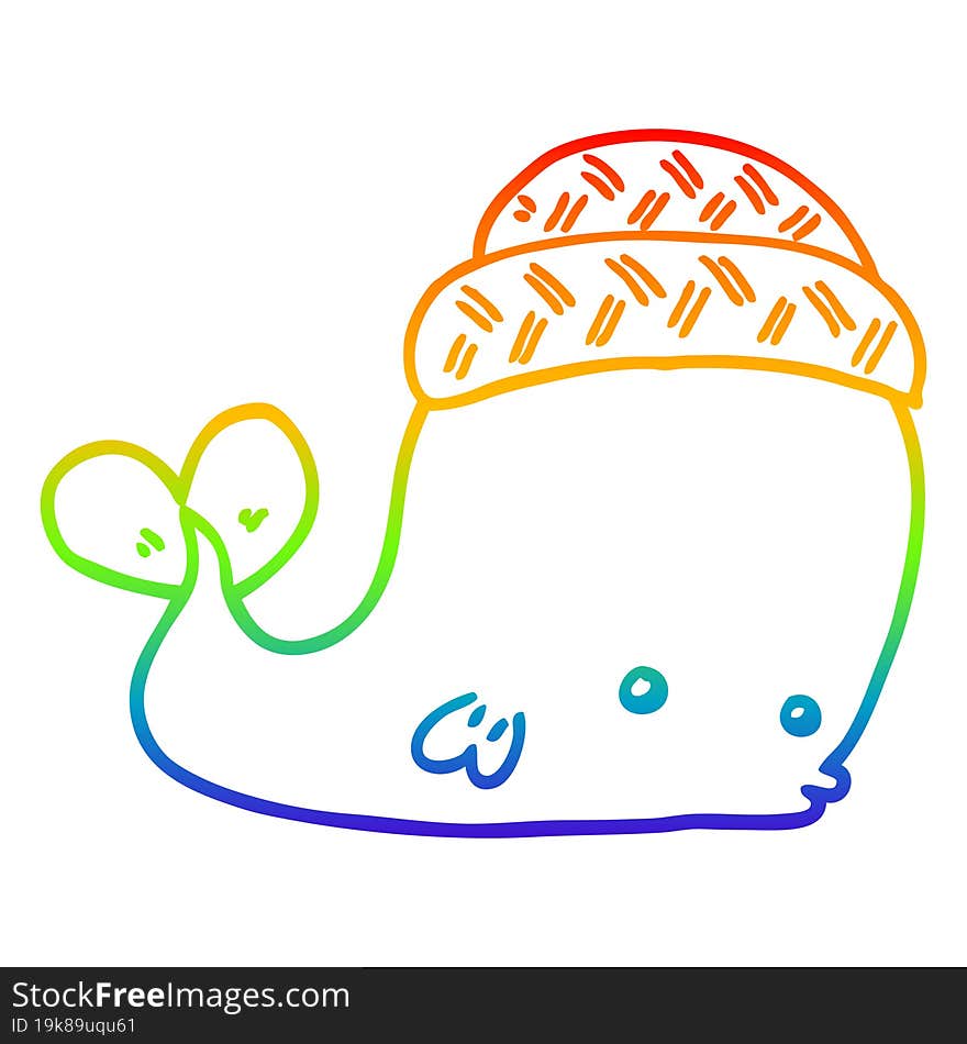 rainbow gradient line drawing of a cartoon whale wearing hat