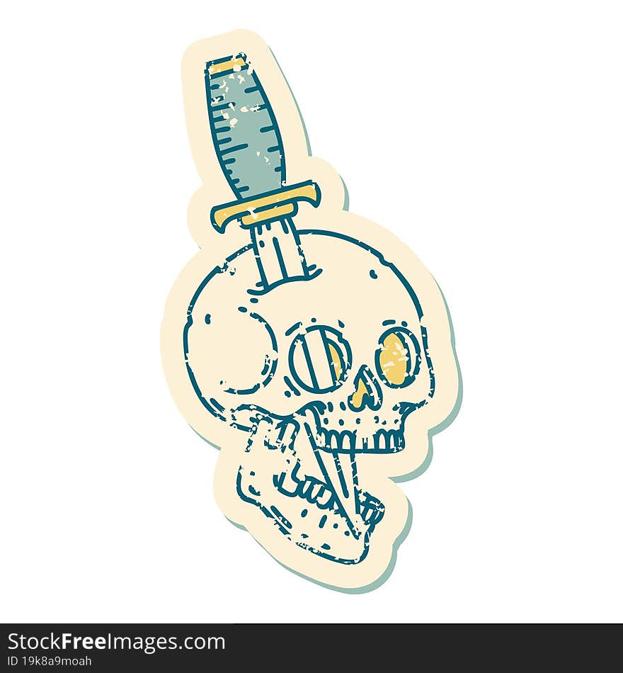 distressed sticker tattoo style icon of a skull and dagger