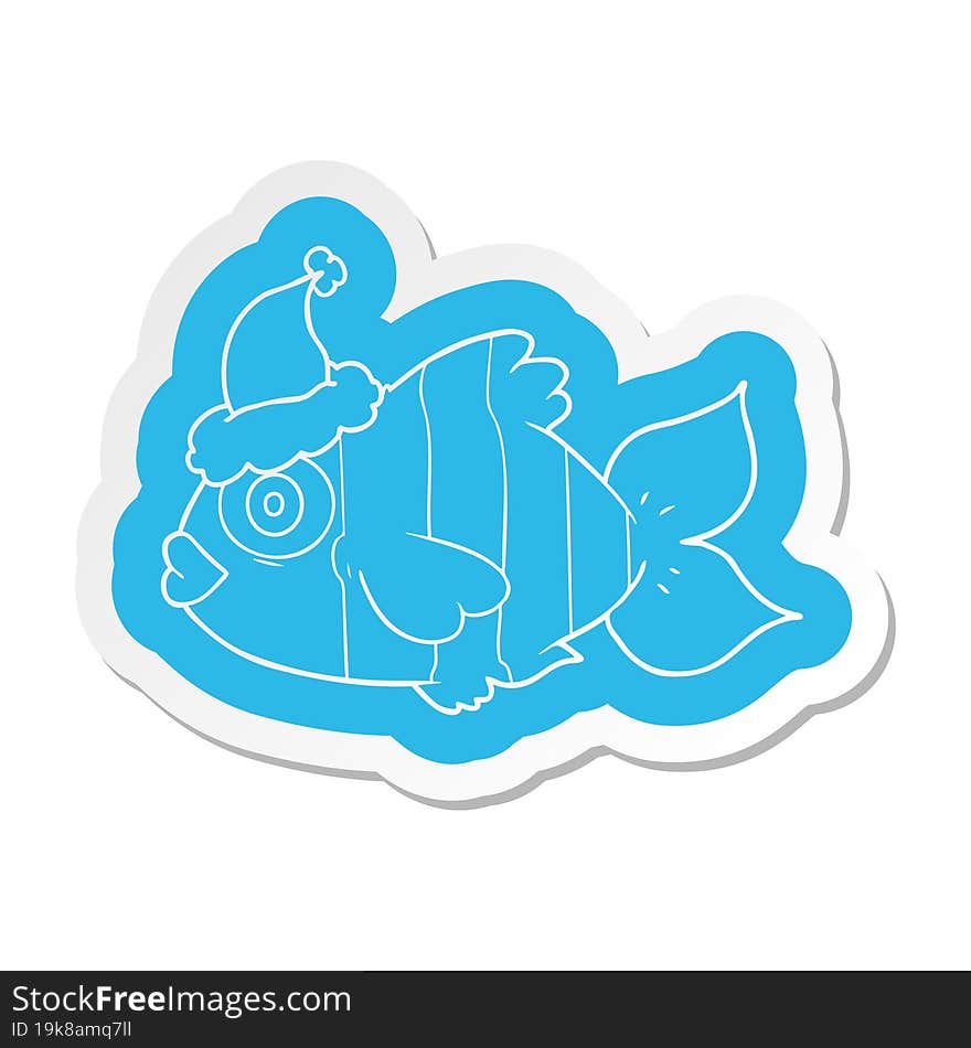 cartoon  sticker of a exotic fish wearing santa hat