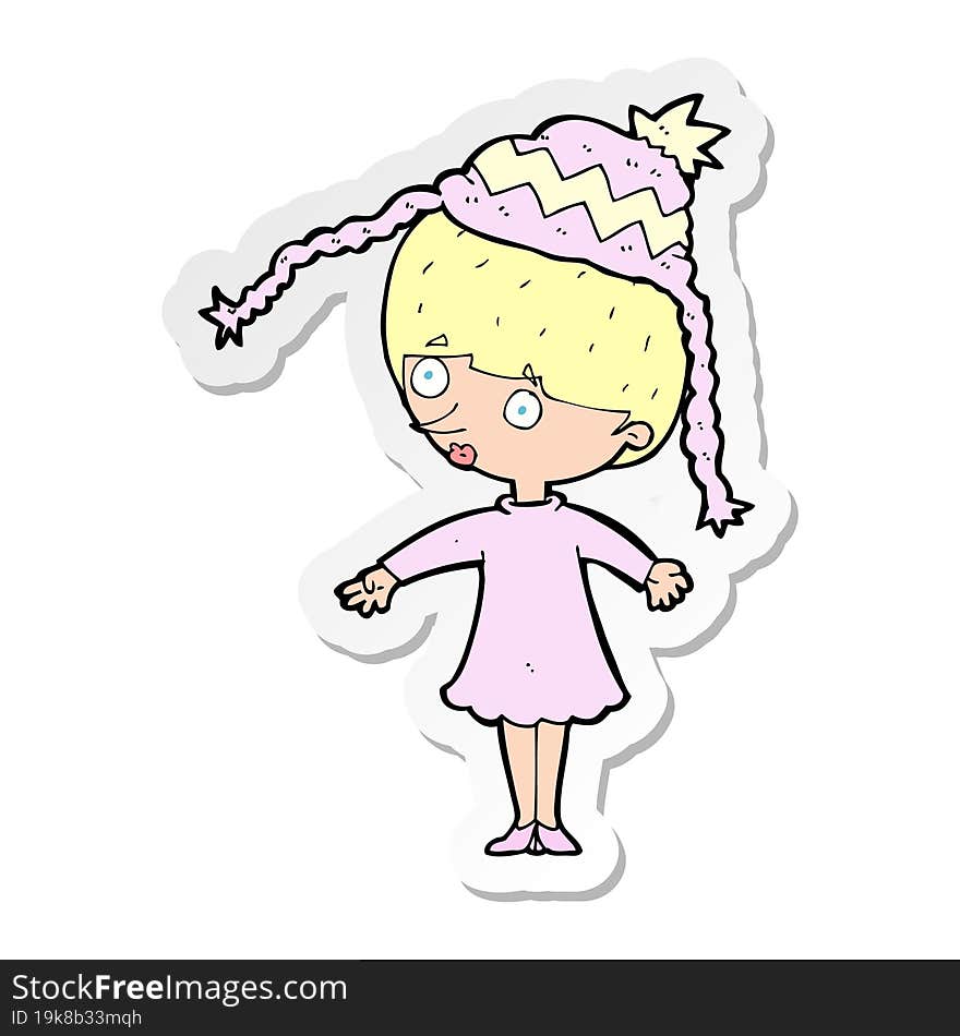 Sticker Of A Cartoon Woman Wearing Winter Hat