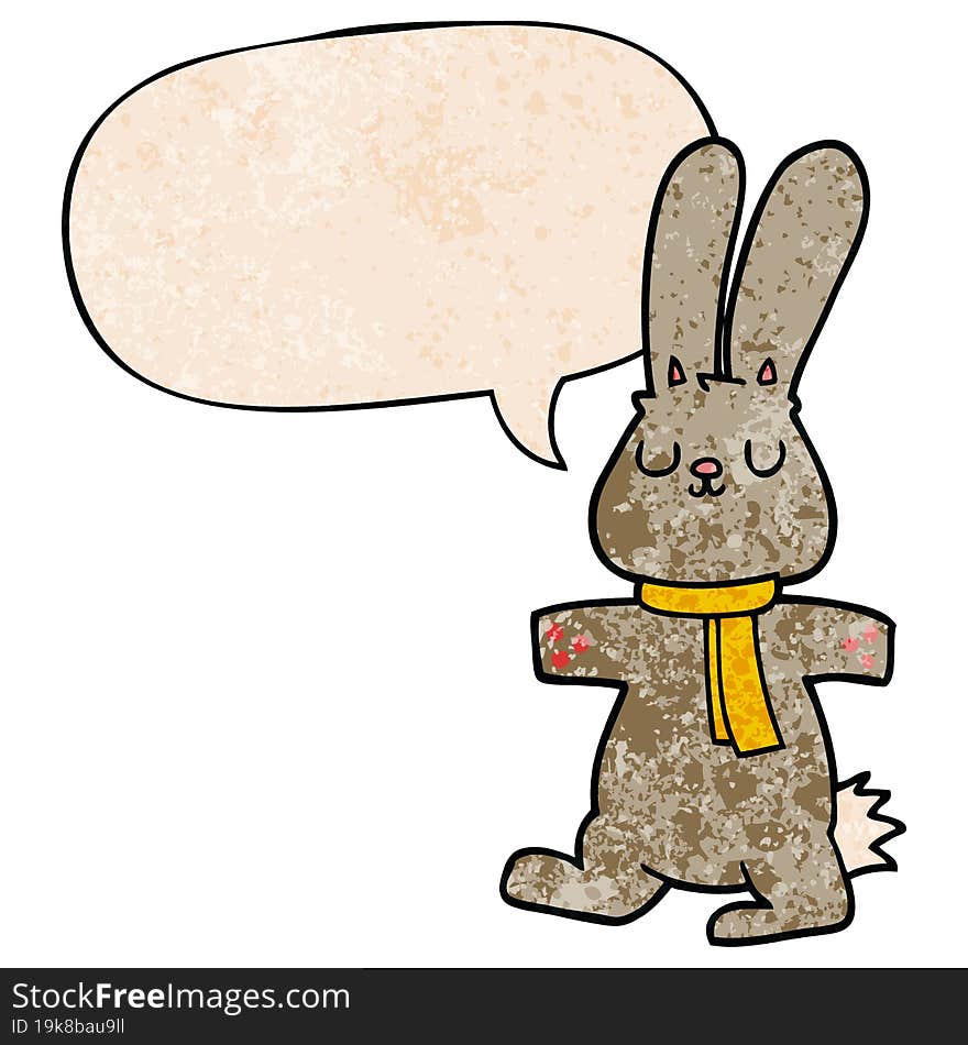 cartoon rabbit and speech bubble in retro texture style