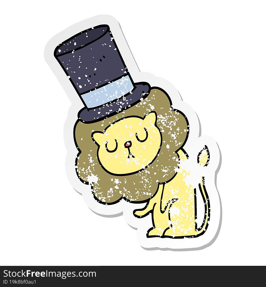 distressed sticker of a cute cartoon lion wearing top hat