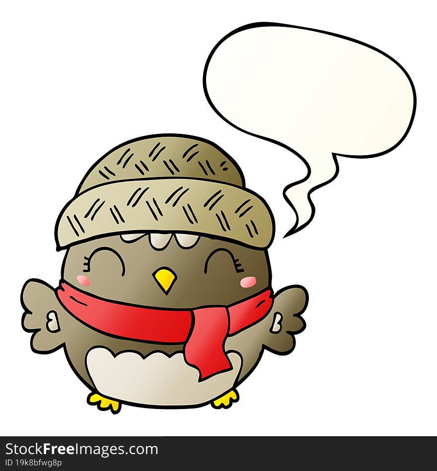 cute cartoon owl in hat and speech bubble in smooth gradient style