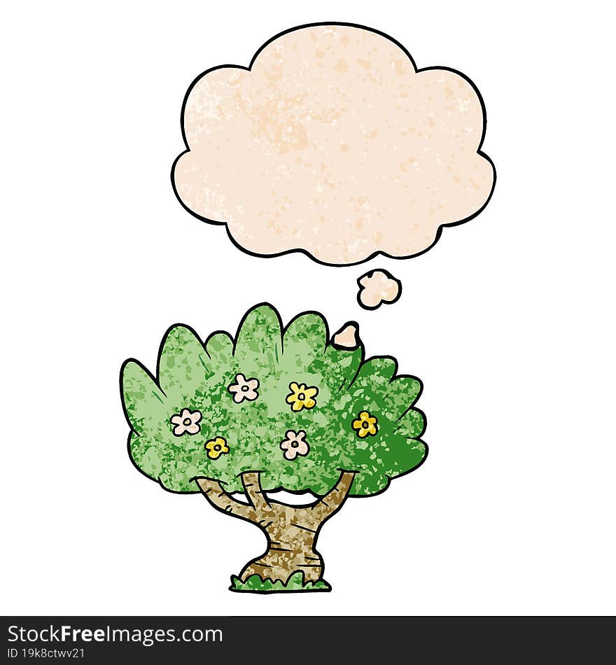 cartoon tree and thought bubble in grunge texture pattern style