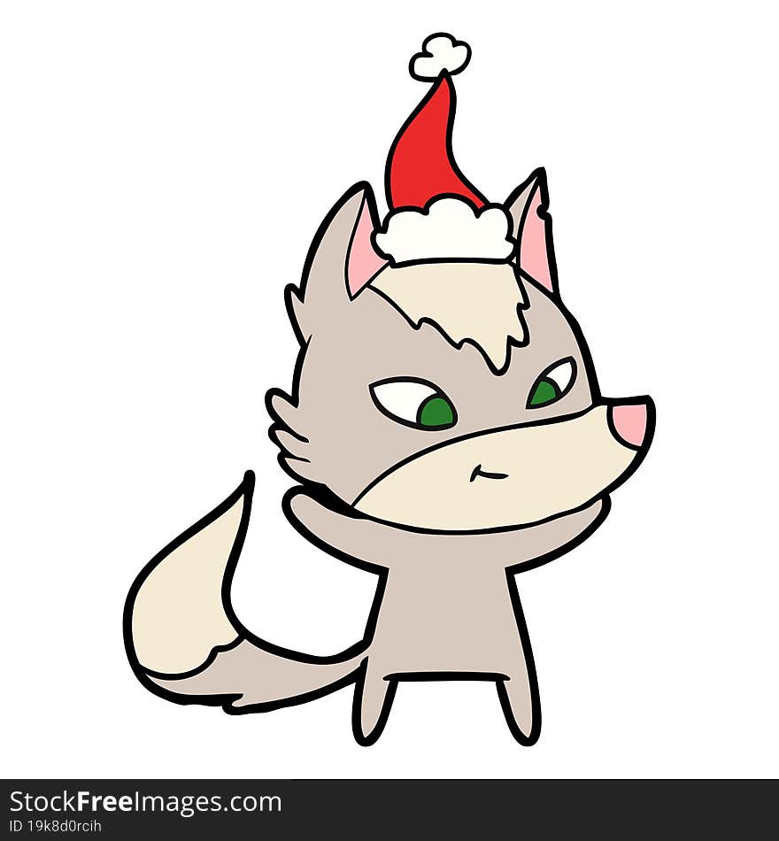 friendly line drawing of a wolf wearing santa hat