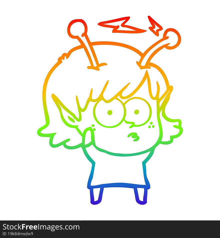 rainbow gradient line drawing of a cartoon alien girl