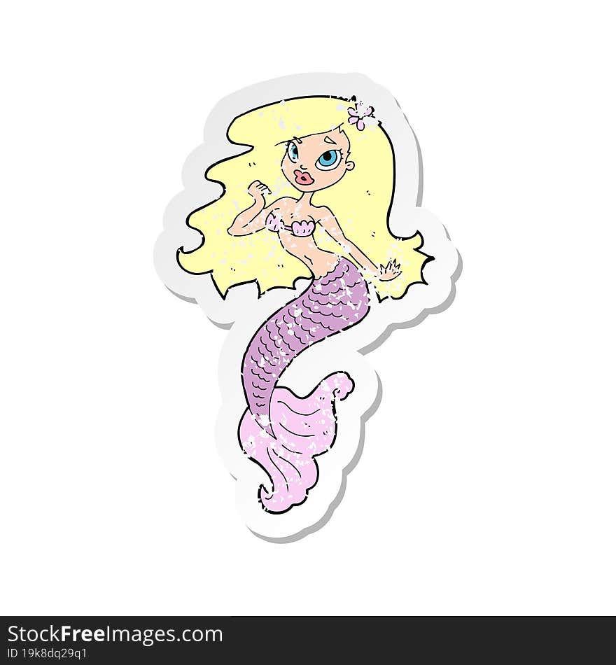 retro distressed sticker of a cartoon pretty mermaid