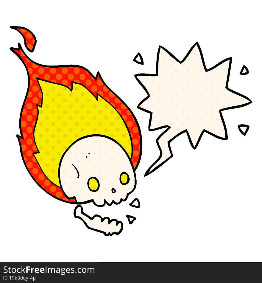 Spooky Cartoon Flaming Skull And Speech Bubble In Comic Book Style