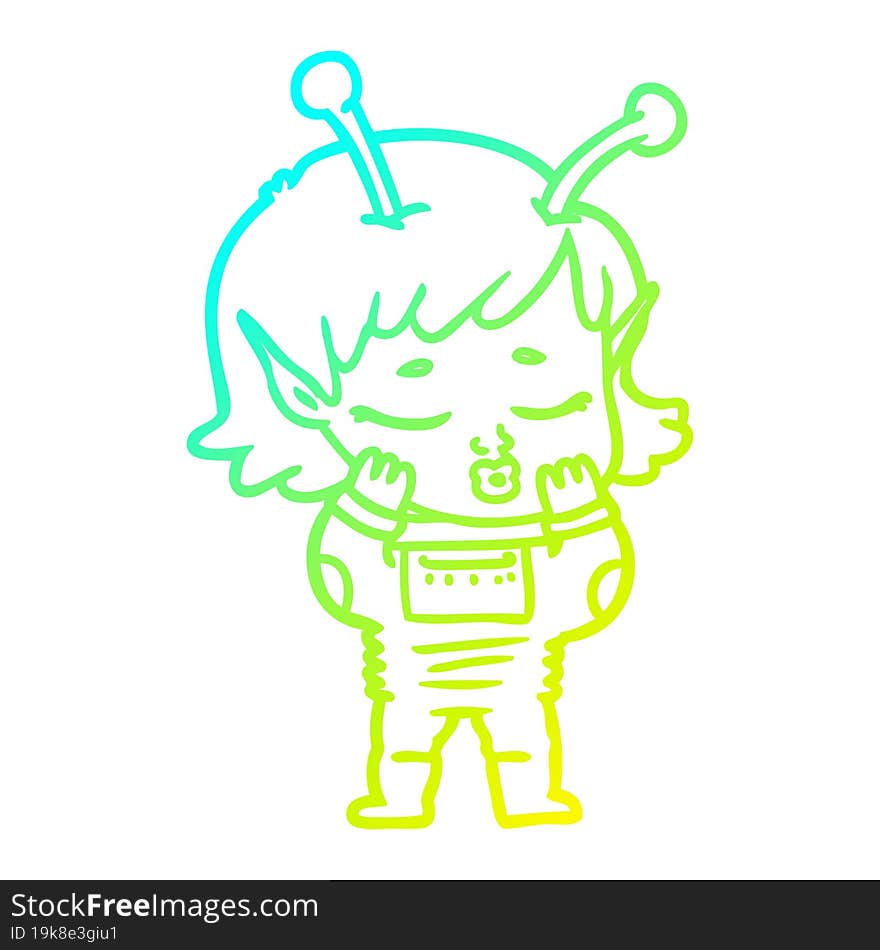 cold gradient line drawing of a cartoon alien girl