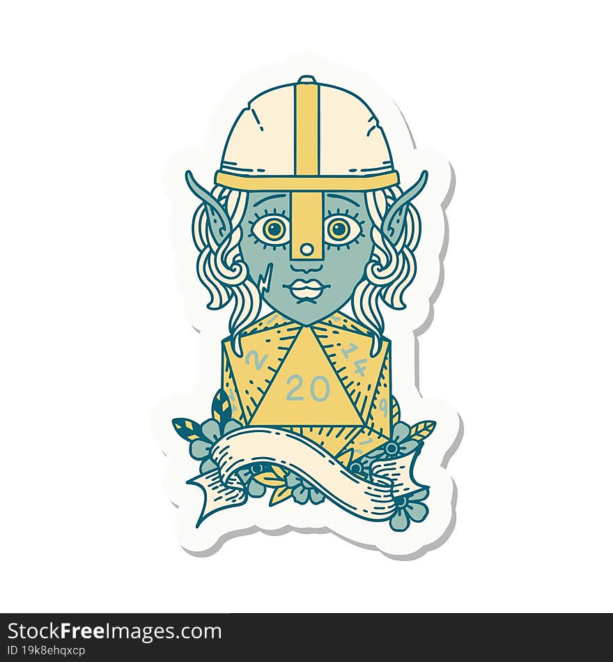 elf fighter character with natural twenty dice roll sticker