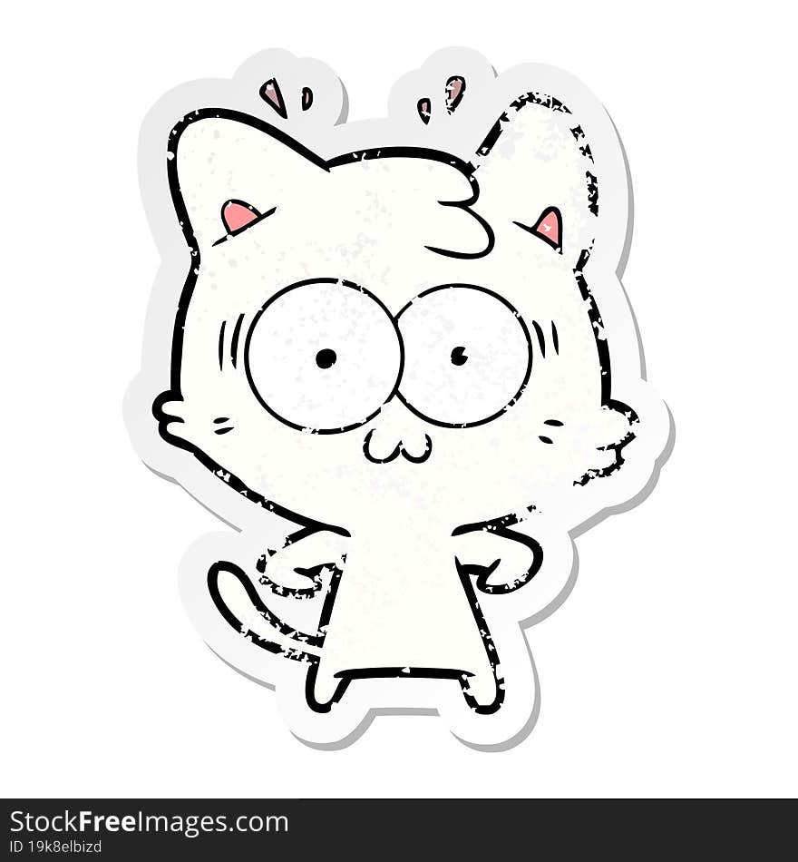 distressed sticker of a cartoon surprised cat