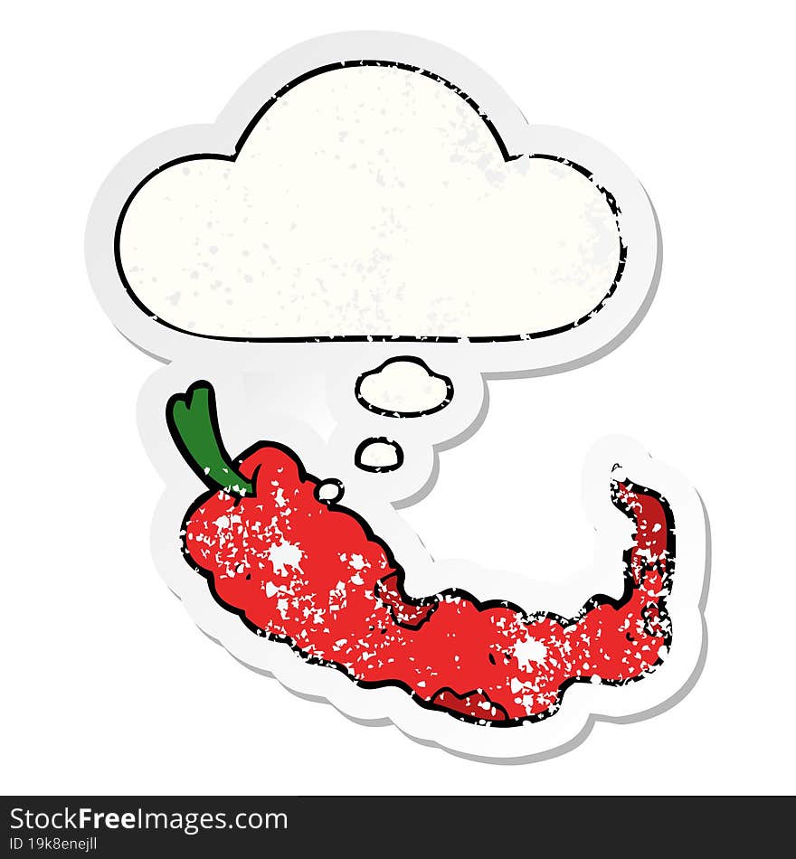 cartoon chili pepper and thought bubble as a distressed worn sticker