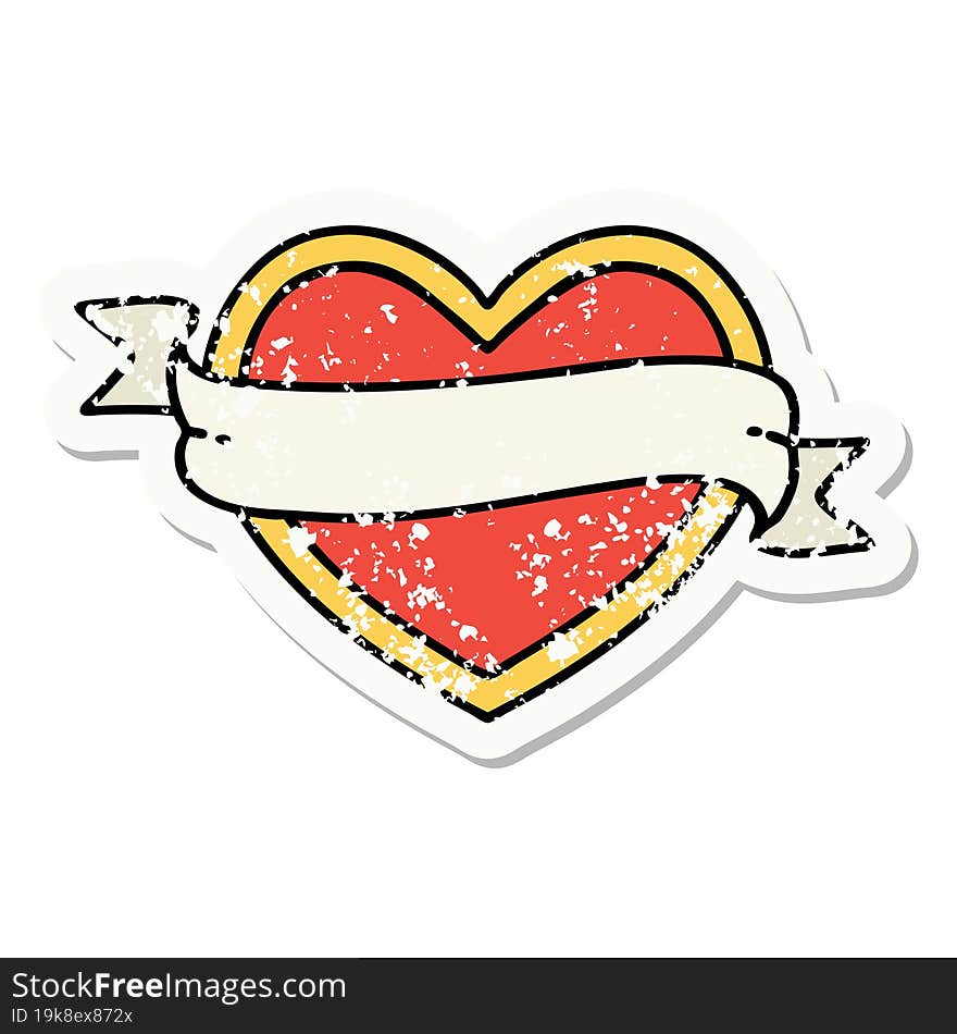 distressed sticker tattoo in traditional style of a heart and banner. distressed sticker tattoo in traditional style of a heart and banner