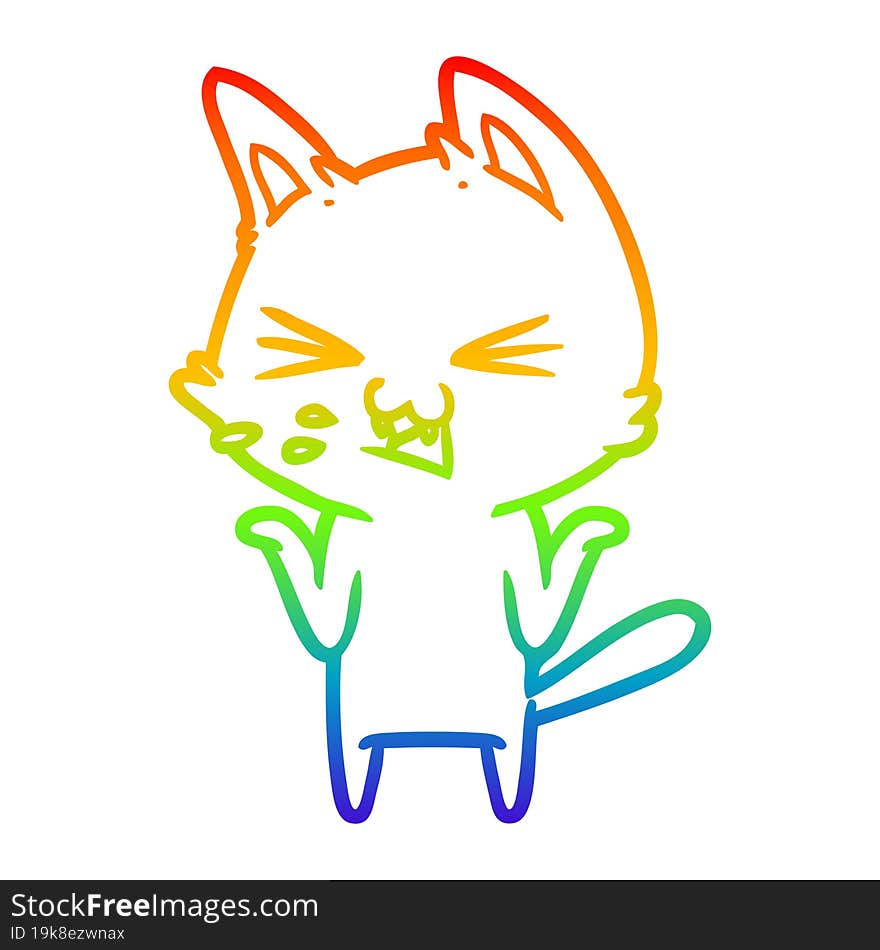 rainbow gradient line drawing of a cartoon cat hissing