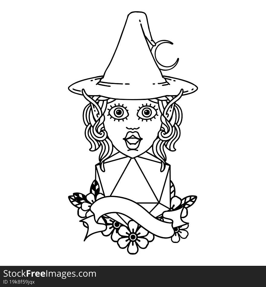 Black and White Tattoo linework Style elf mage character with natural twenty dice roll. Black and White Tattoo linework Style elf mage character with natural twenty dice roll