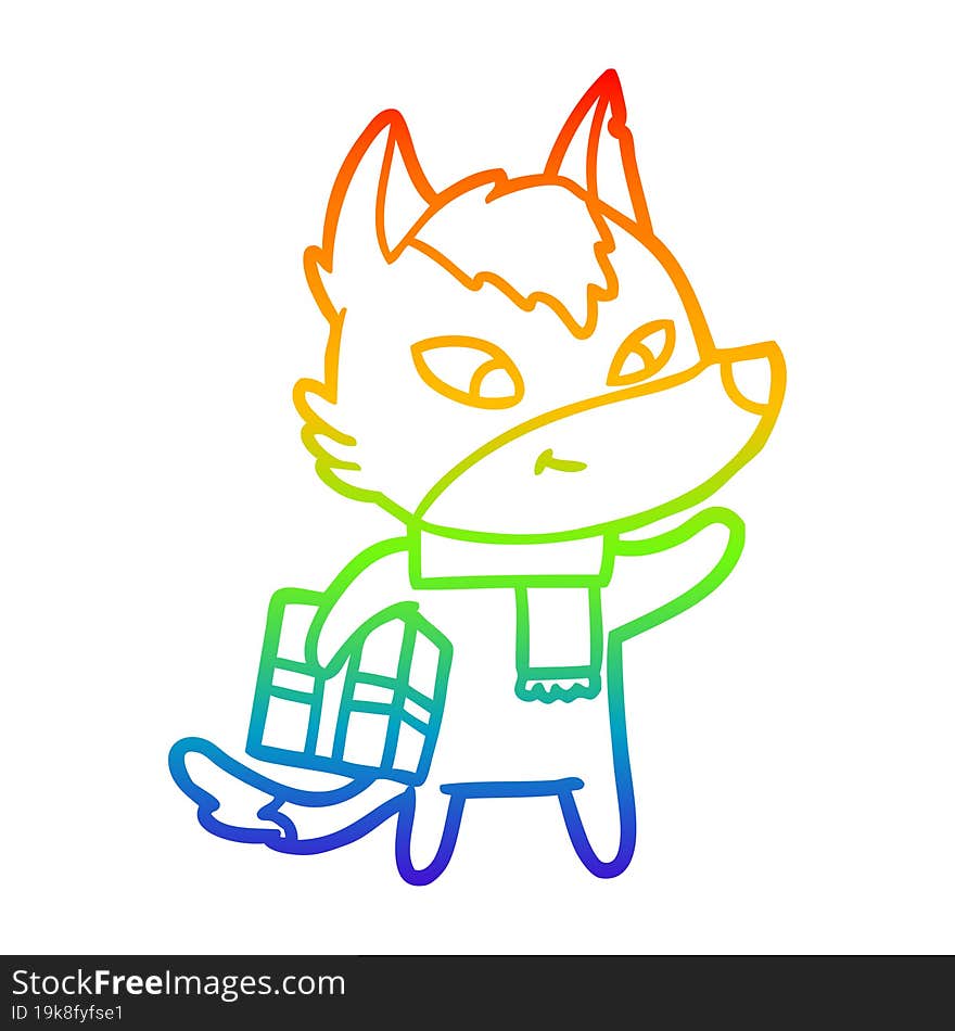 rainbow gradient line drawing friendly cartoon christmas wolf