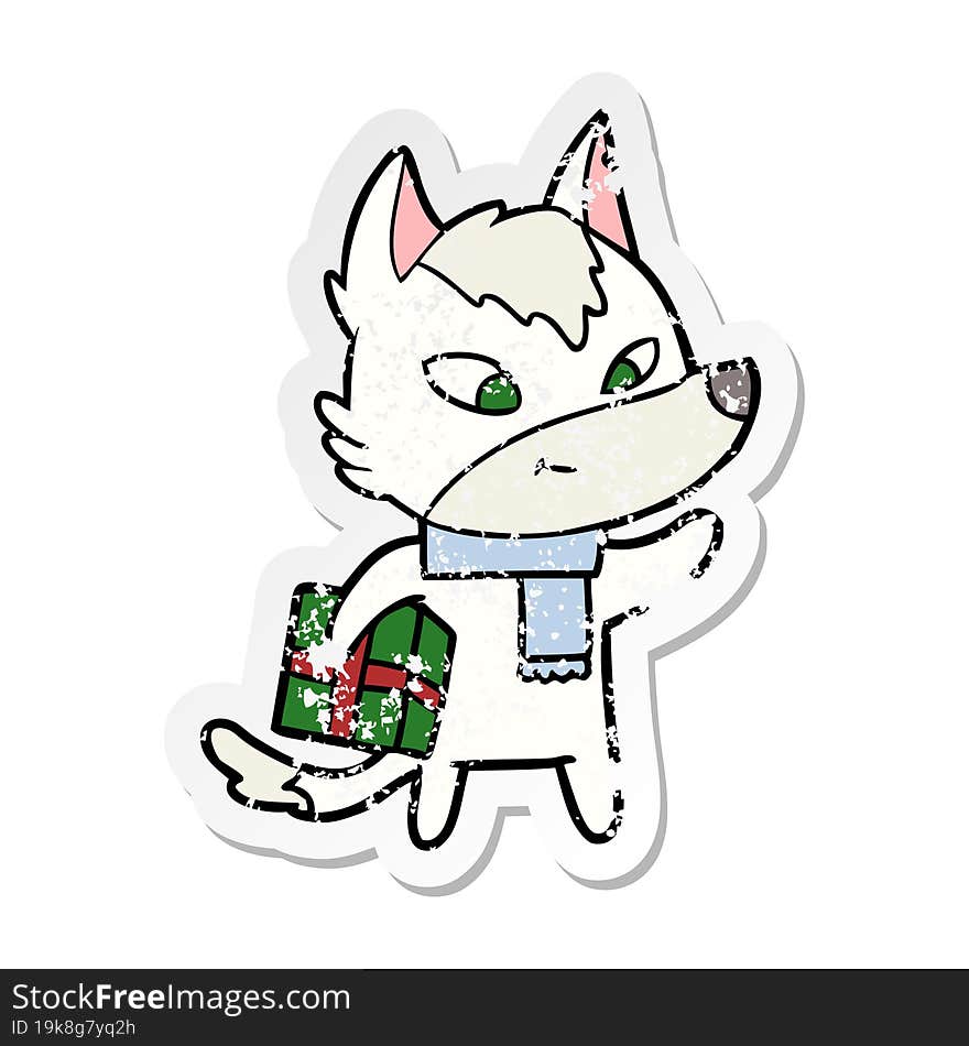 distressed sticker of a friendly cartoon christmas wolf