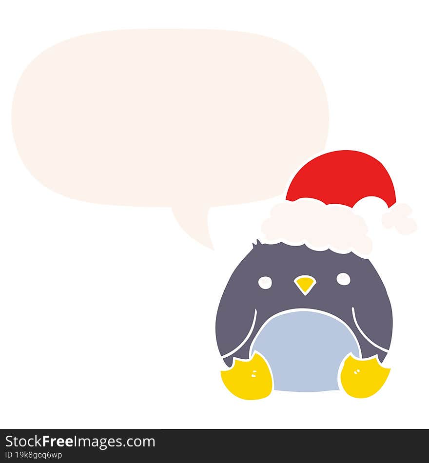 cute cartoon penguin wearing christmas hat and speech bubble in retro style