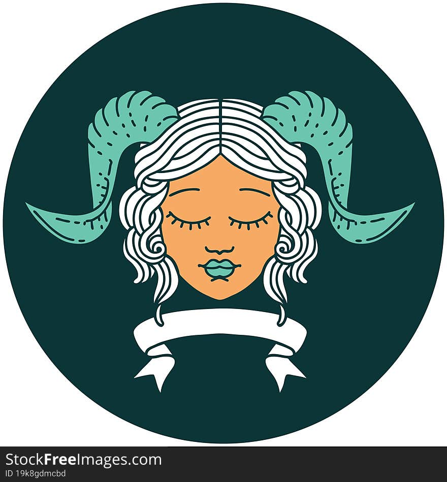 icon of tiefling character face with scroll banner. icon of tiefling character face with scroll banner